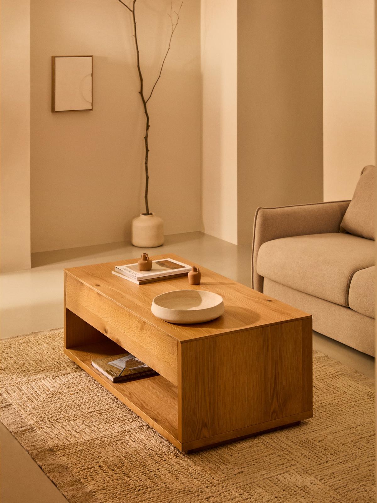 Salontafel Alguema met opklapbaar blad van eikenfineer met naturel afwerking 120 x 60 cm