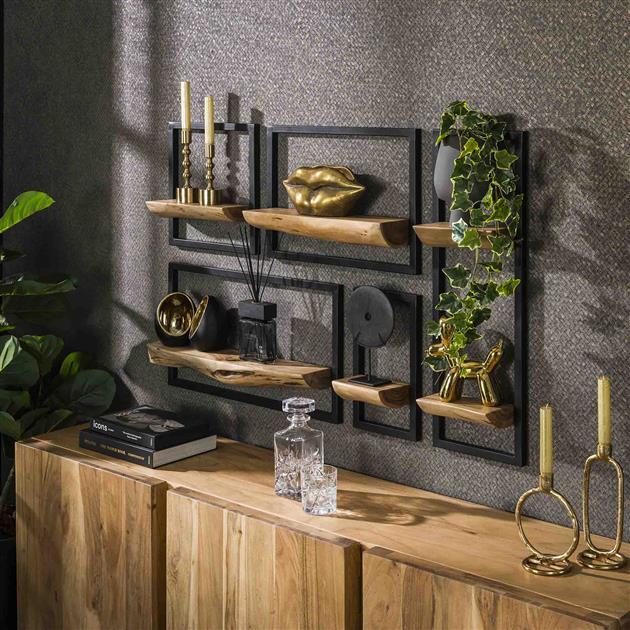 Wandplank CIRO set van 5 massief acacia/metaal zwart