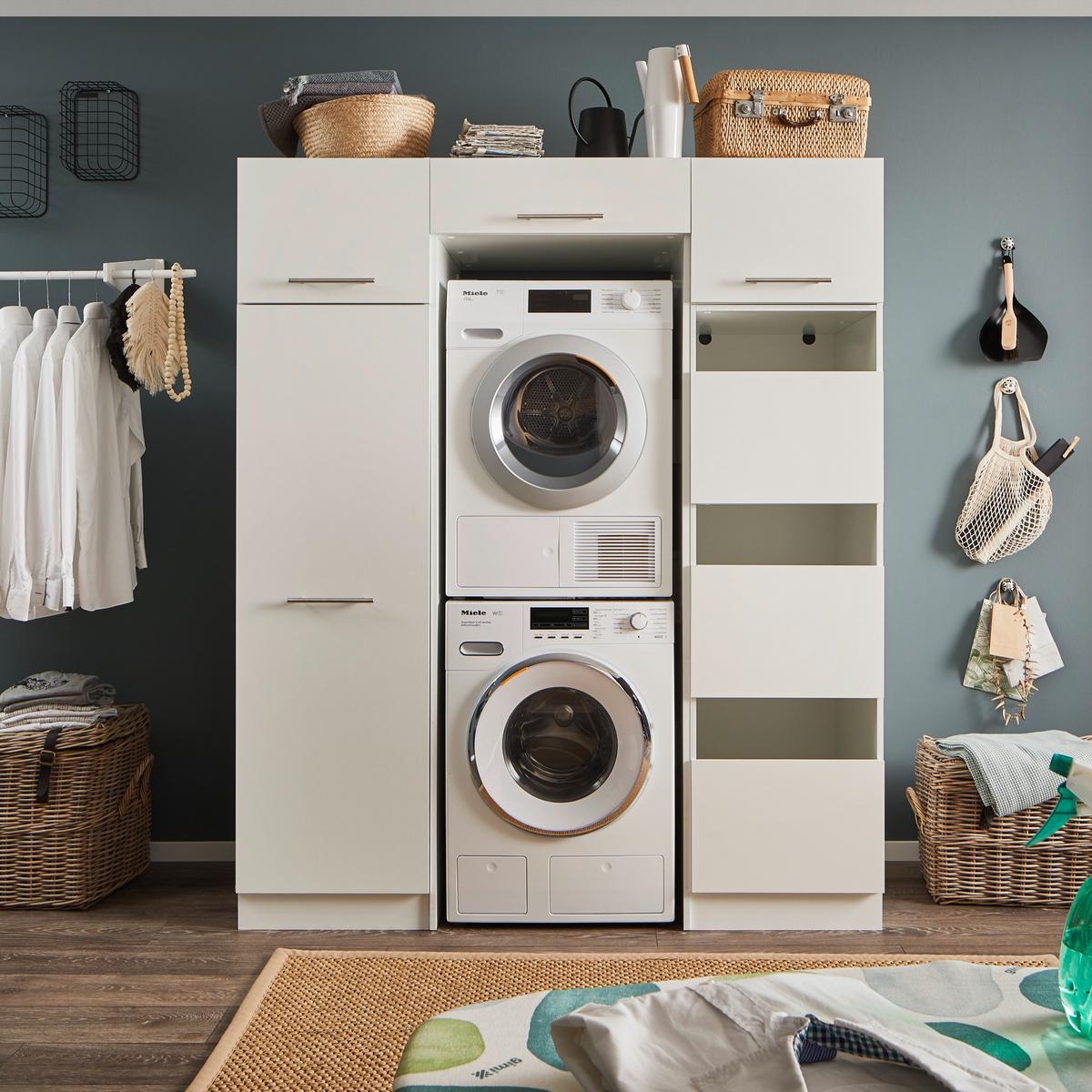 Wasruimteset LAUNDRY: Bergkast + Opzetkast smal X2 + Wasmachinekast hoog + Linnenkast