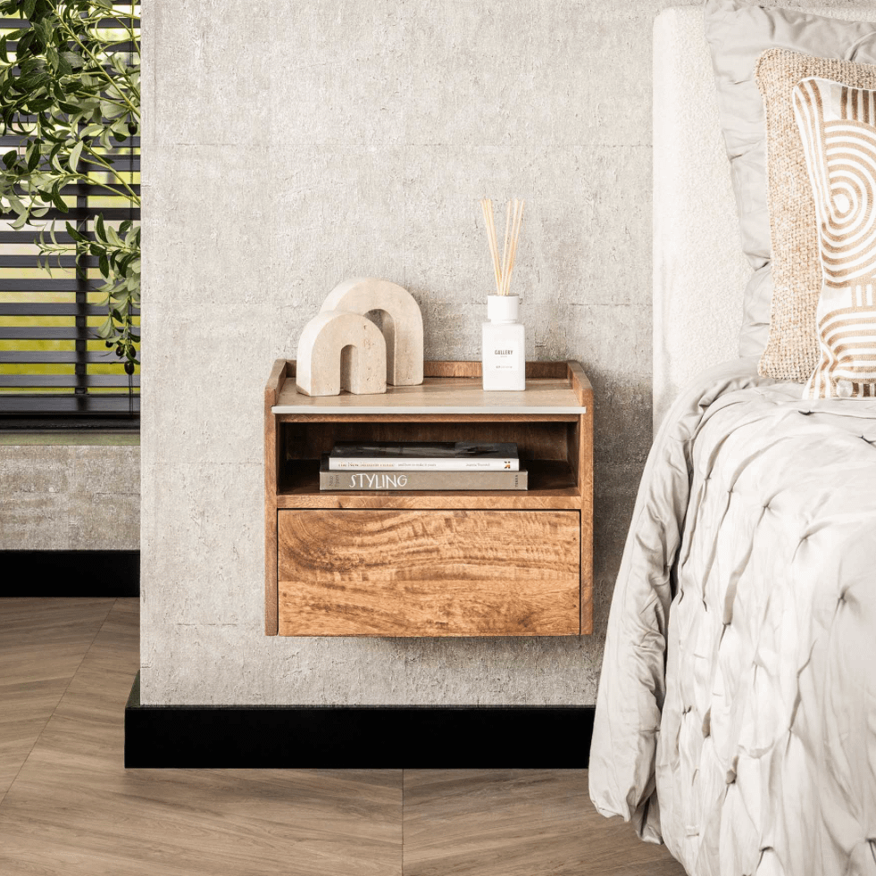 Nachttafel FIDEL Hangend Mango/Travertin Nachttafel FIDEL Hangend Mango/Travertin