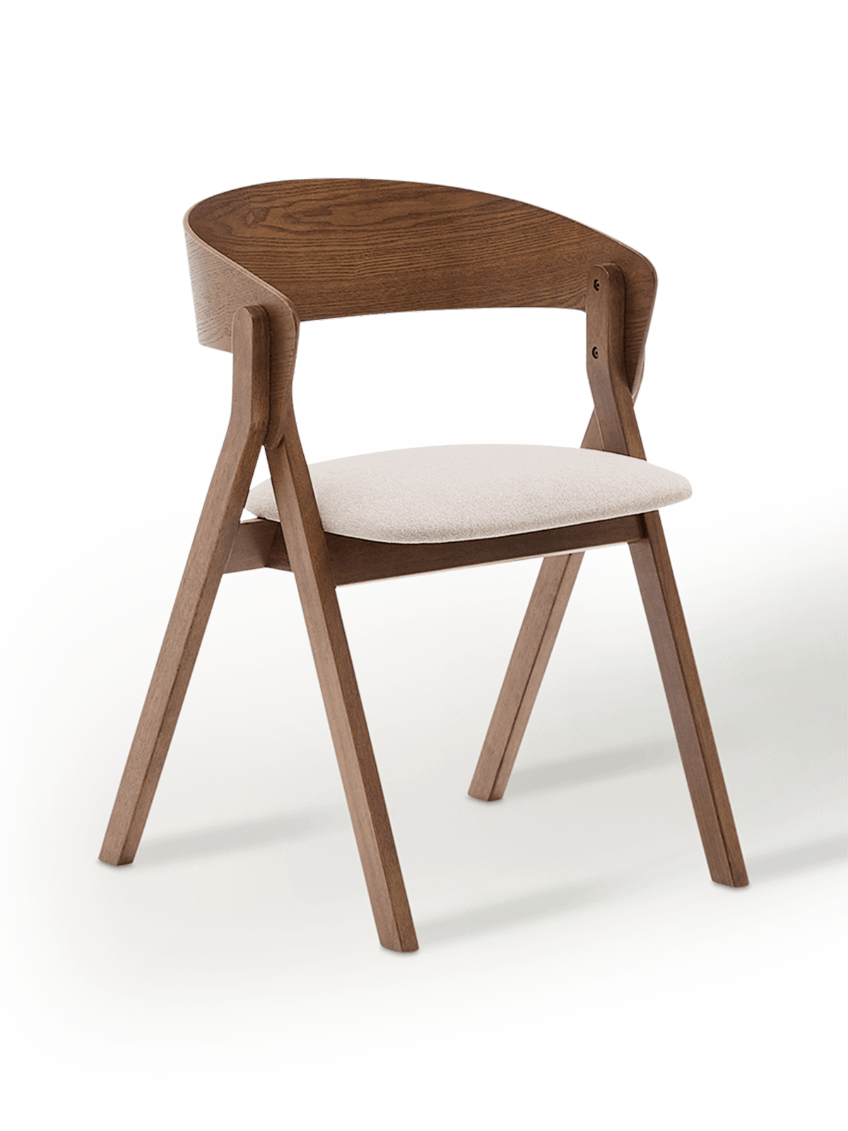 Godia stoel van essenhoutfineer met een wengé afwerking en beige chenille