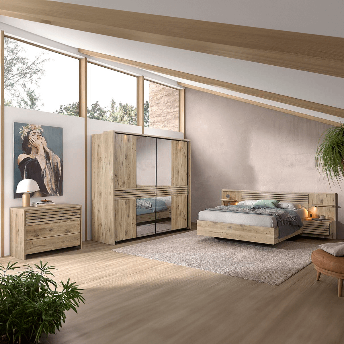 Slaapkamer ILJA: Kleerkast B245 + Bed 140x200/2 Nachttafels + Commode B111