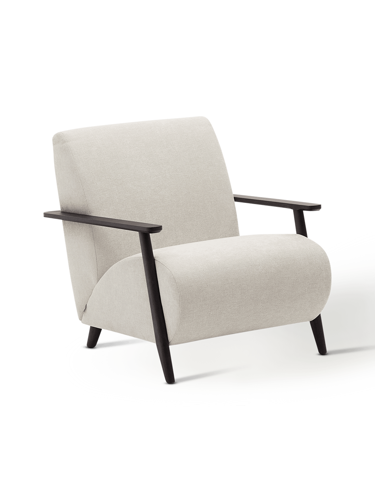 Fauteuil Meghan in parelkleurige chenille en van massief essenhout met wengé afwerking FSC Mix Credit