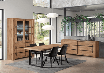 Eetkamer SANS: Dressoir + Glaskast + Tafel 200x100 + 4 stoelen WILSON Eetkamer SANS: Dressoir + Glaskast + Tafel 200x100 + 4 stoelen WILSON