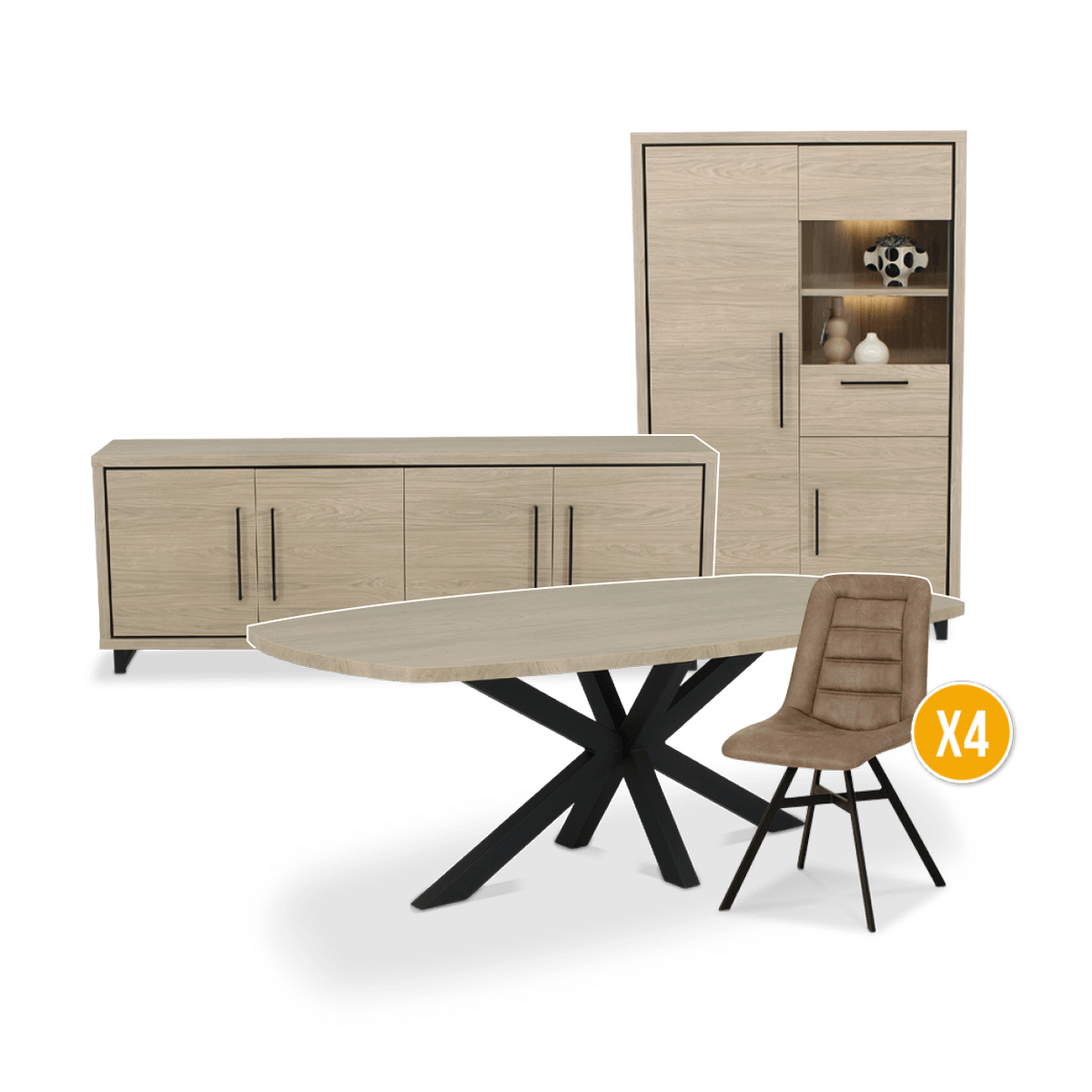 Eetkamer LATINA: Dressoir + Glaskast + Eettafel 220x120 + 4x Stoelen CLAUDIA Chicago Truffle