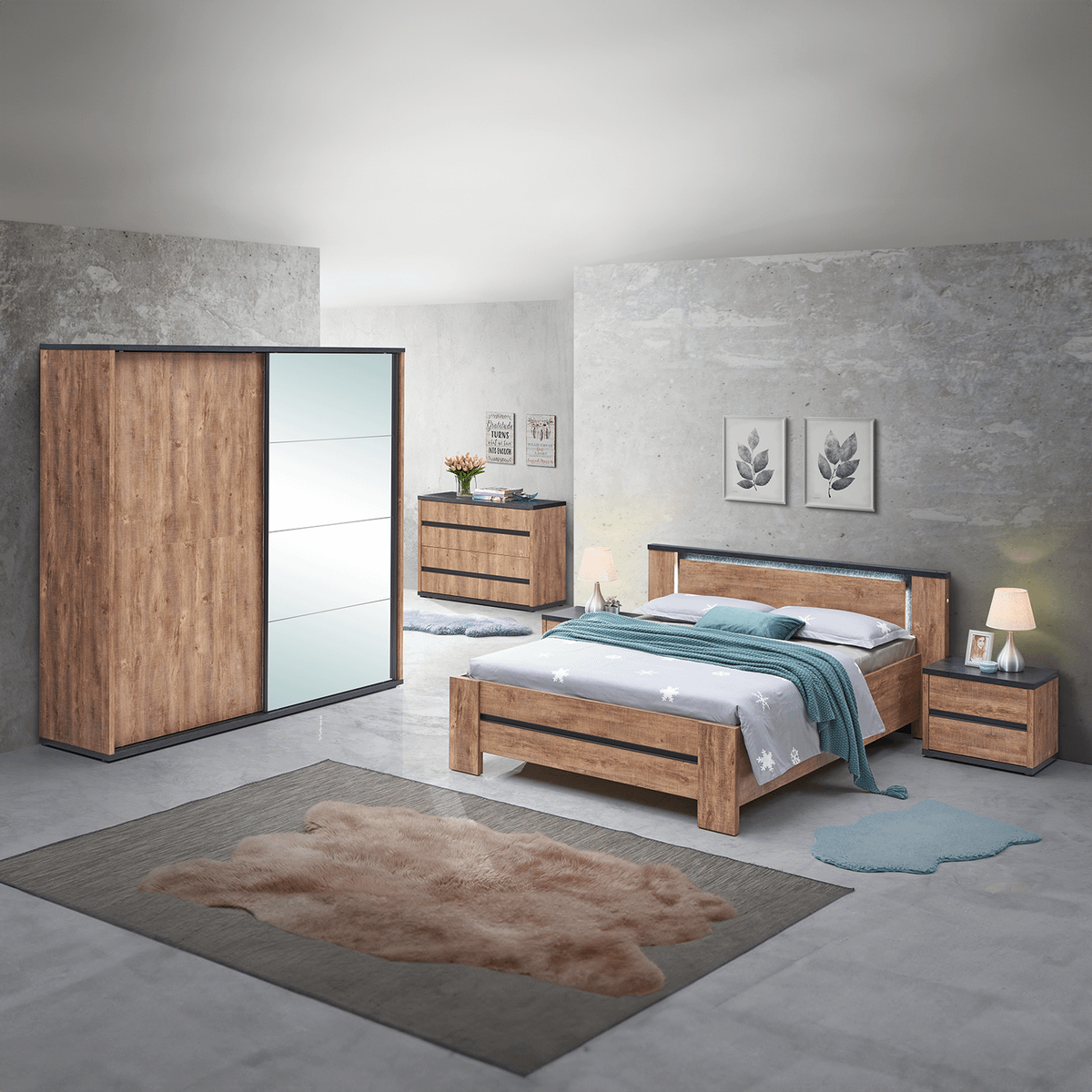 Slaapkamer PIPPA: Kleerkast 220cm + Bed 180x200 + 2x Nachttafel B58