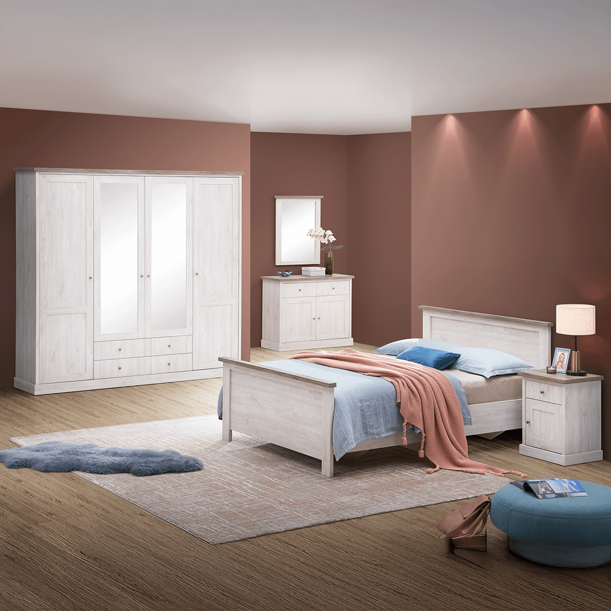 Slaapkamer JASNA: Kleerkast Draaideuren B225 + Bed 140x200 + 2x Nachttafel