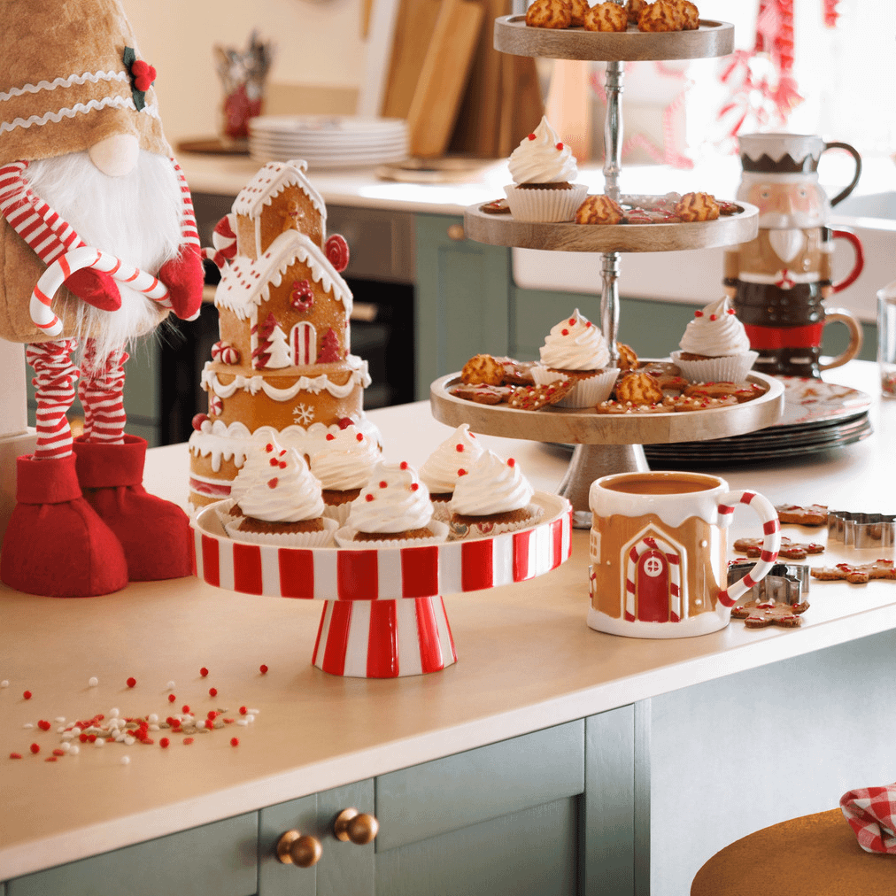 Taartschotel STRIPLE Rond Keramiek Rood/Wit