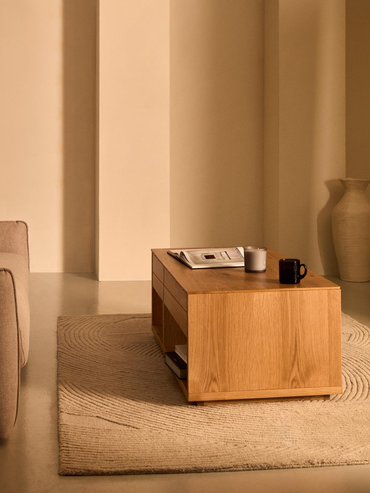 Salontafel Alguema, twee laden van eikenfineer met naturel afwerking 140 x 60 cm