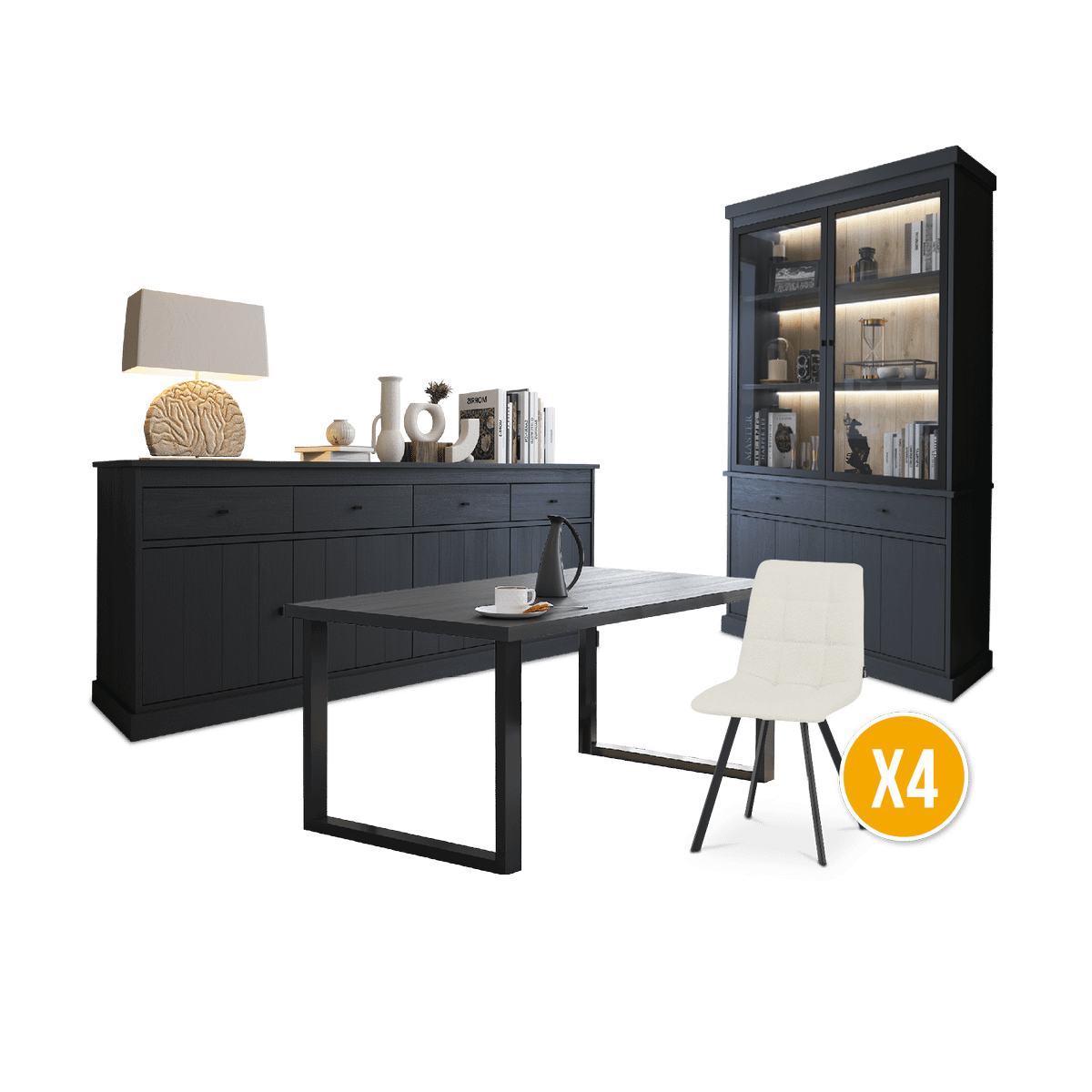 Eetkamer CASTELLO: Dressoir + Vitrinekast + Tafel 180x98 + 4X stoelen ERVI Cream
