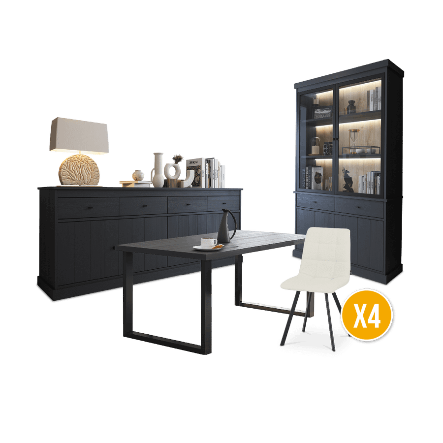 Eetkamer CASTELLO: Dressoir + Vitrinekast + Tafel 180x98 + 4X stoelen ERVI Cream Eetkamer CASTELLO: Dressoir + Vitrinekast + Tafel 180x98 + 4X stoelen ERVI Cream