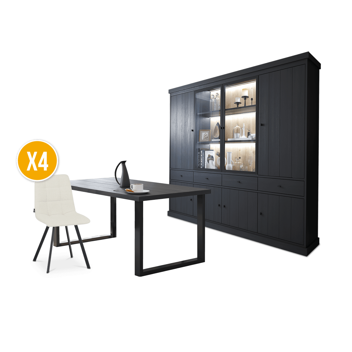 Eetkamer CASTELLO: Glaskast + Eettafel + 4x Stoel ERVI