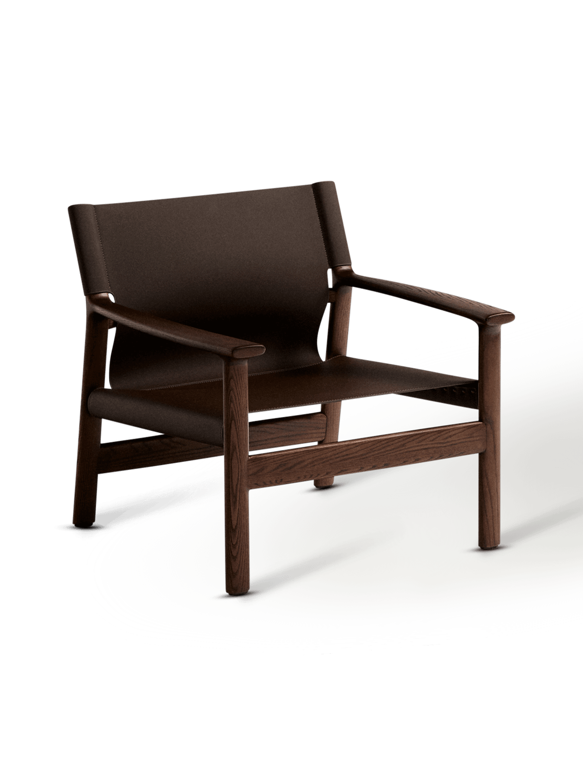 Donkerbruine Jan fauteuil gemaakt van gerecyclede leervezels en massief essenhout met afwerking in notelaarhouteffect FSC 100%