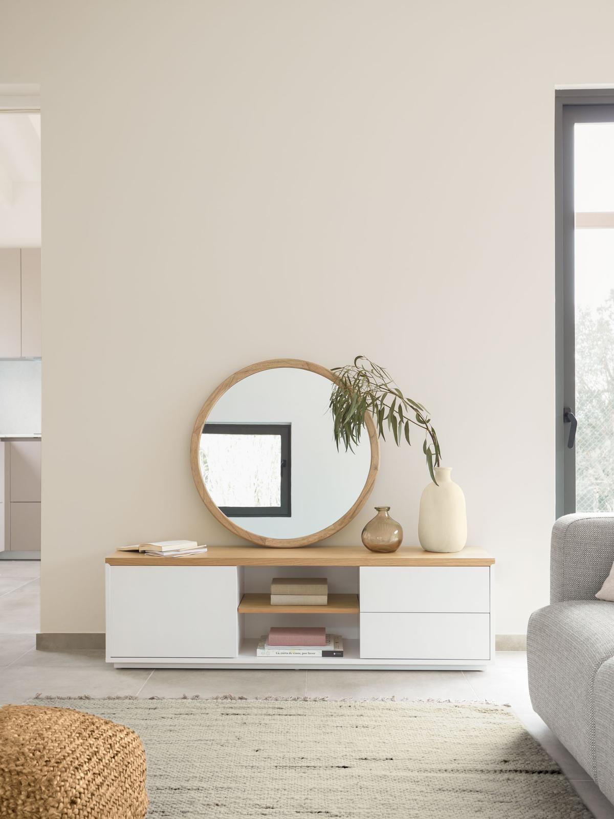 Abilen wit gelakt tv-meubel van eikenfineer met 1 deur & 2 lades, 150 x 44 cm FSC100%