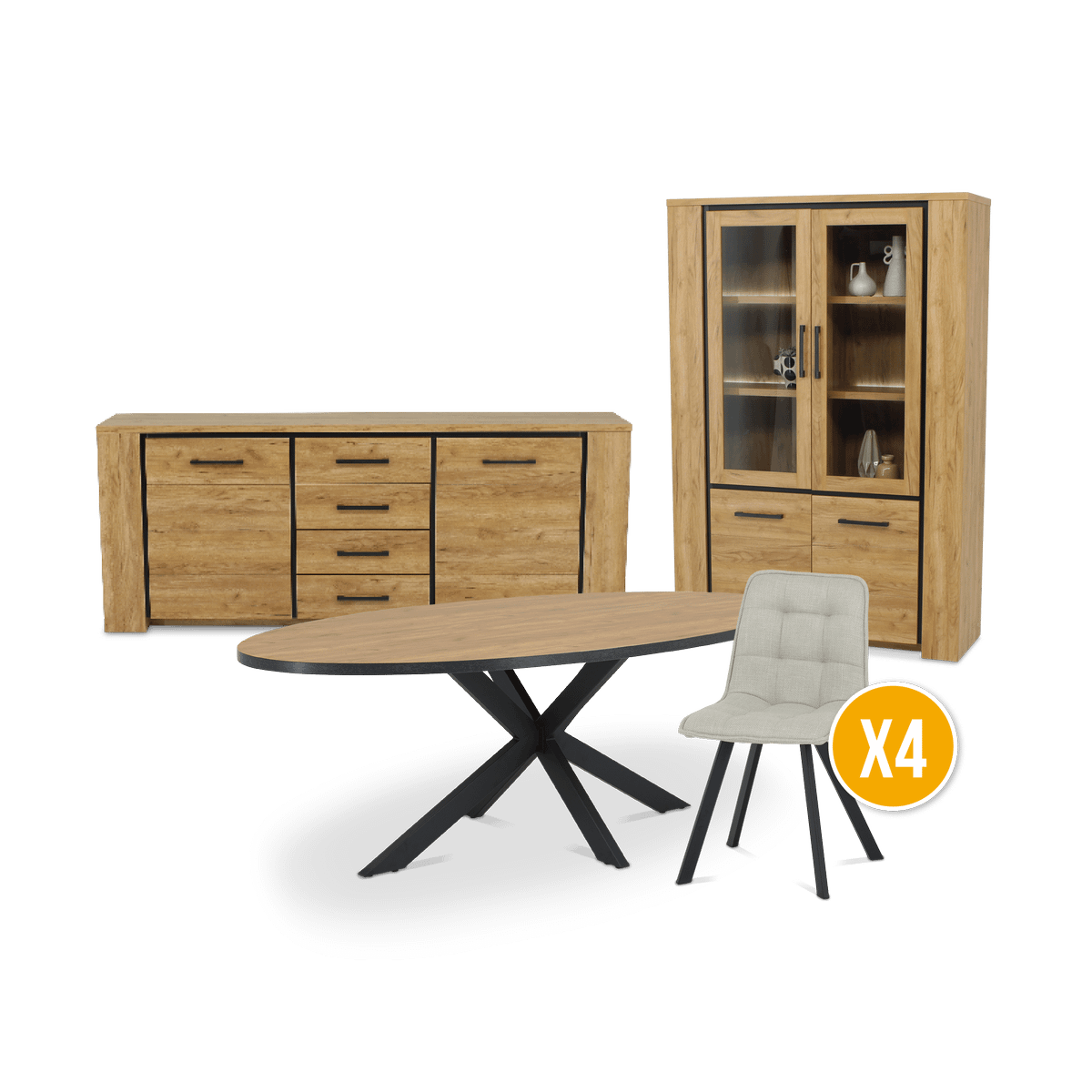 Eetkamer ANTONIO: Dressoir + Glaskast + Tafel 220x110 + 4x ALTEA Beige