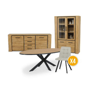 Eetkamer ANTONIO: Dressoir + Glaskast + Tafel 220x110 + 4x ALTEA Beige Eetkamer ANTONIO: Dressoir + Glaskast + Tafel 220x110 + 4x ALTEA Beige