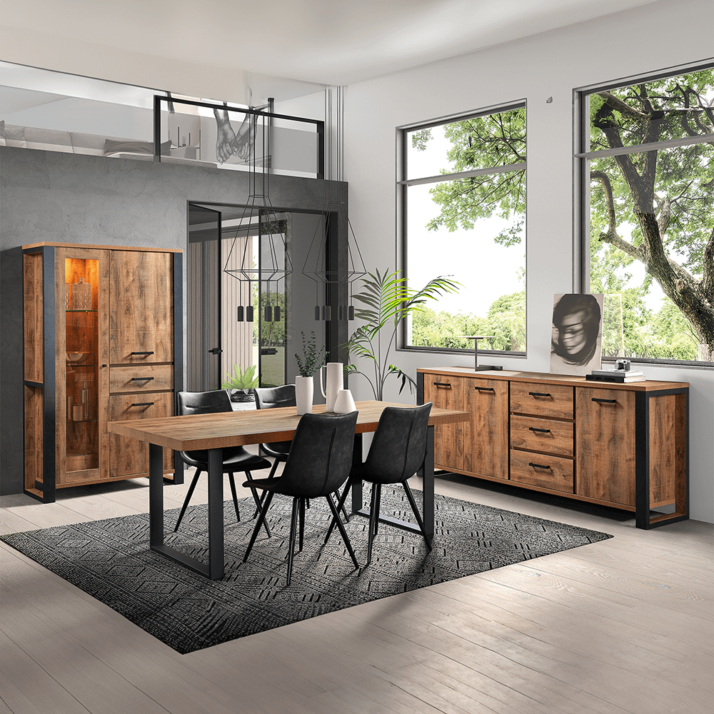Eetkamer MADAGASCAR: Dressoir + Glaskast + Tafel 200x100 + 4 stoelen LORRY Zwart
