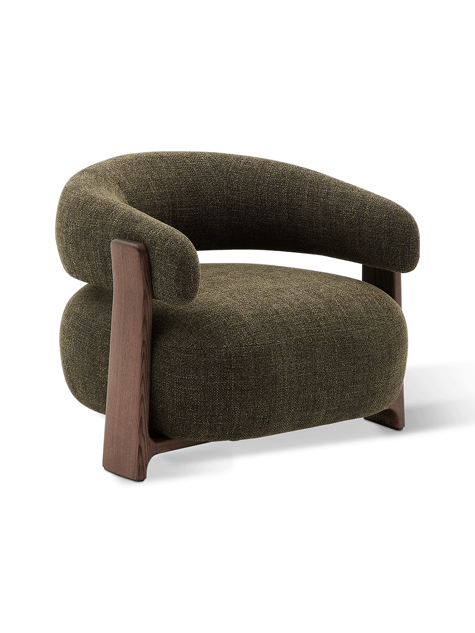 Granite fauteuil groene chenille en poten van massief essenhout in noten afwerking FSC 100%