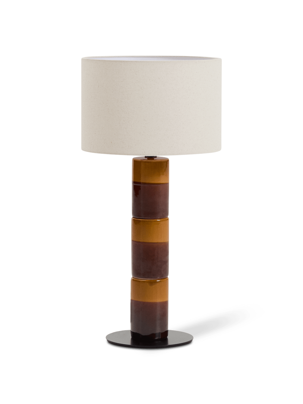 Mavran tafellamp met keramieken voet in bruin en mosterdgeel en lampenkap van katoen