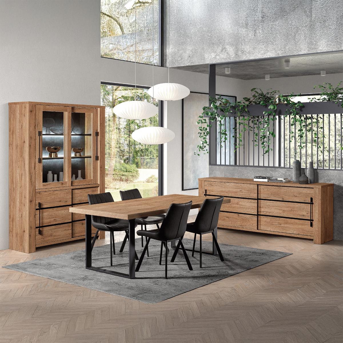 Eetkamer SANS: Dressoir + Glaskast + Tafel 200x100 + 4 stoelen WILSON