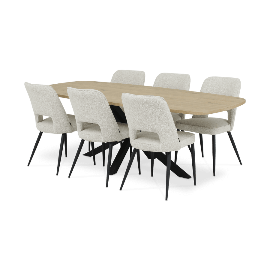 Eetkamer JAKARTA: Dressoir + Barkast + Tafel 225x100 + 4x stoelen ALICIA Touch Pearl Eetkamer JAKARTA: Dressoir + Barkast + Tafel 225x100 + 4x stoelen ALICIA Touch Pearl