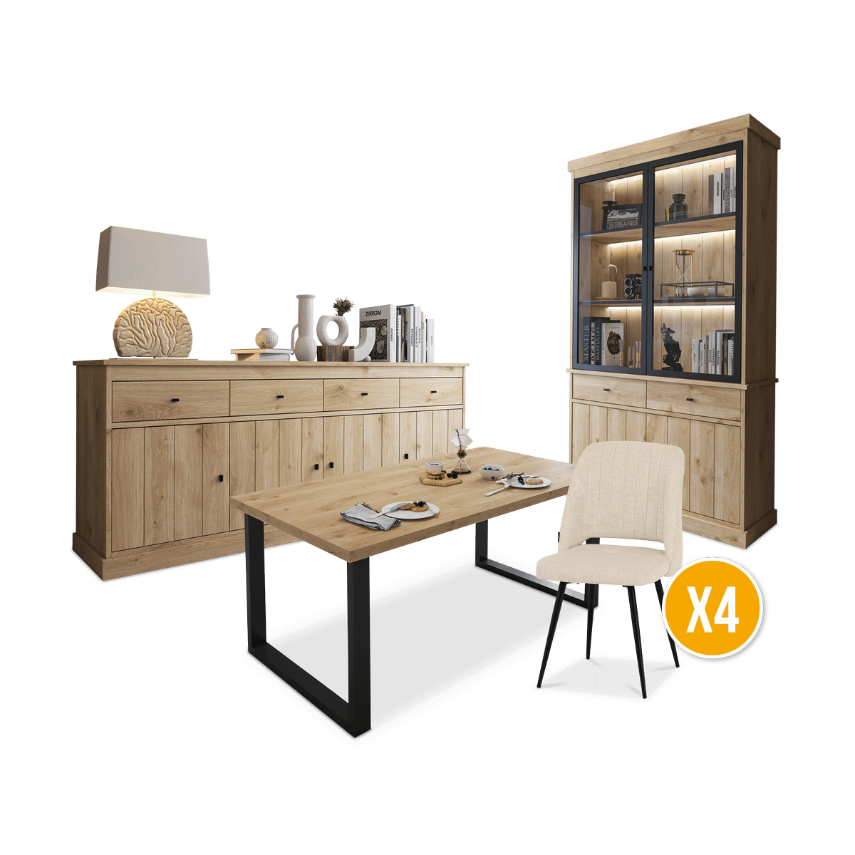 Eetkamer CASTELLO: Dressoir + Vitrinekast + Eettafel 180 + 4x Stoelen ALBA Plume