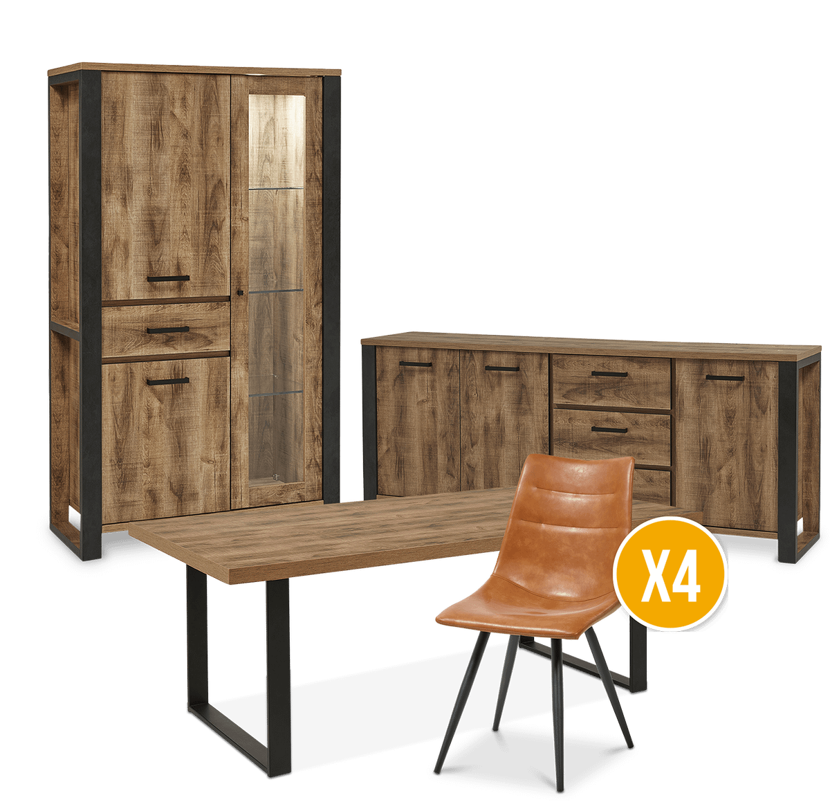 Eetkamer MADAGASCAR: Dressoir + Glaskast + Tafel 200x100 + 4 stoelen LORRY Cognac
