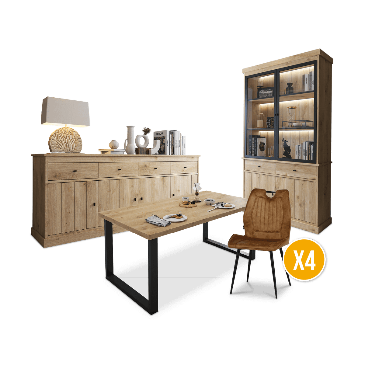 Eetkamer CASTELLO: Dressoir + Vitrinekast + Eettafel 180x98 + 4x Stoelen TOMASO Micro Cognac