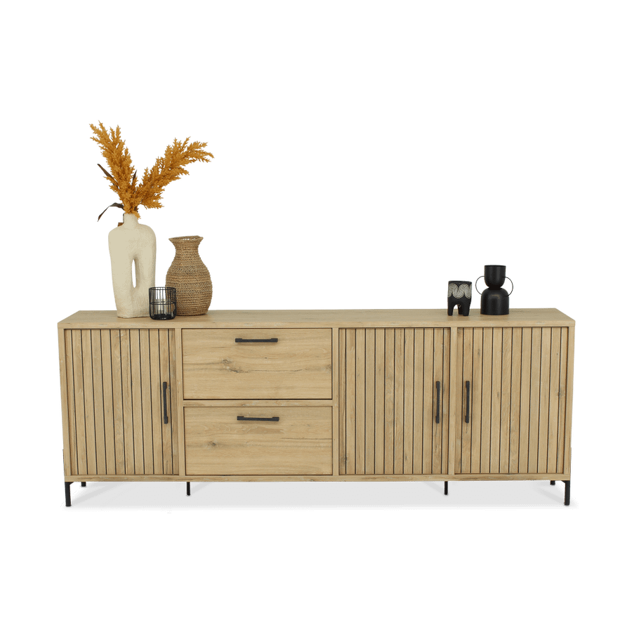 Eetkamer JAKARTA: Dressoir + Barkast + Tafel 225x100 + 4x stoelen ALICIA Touch Pearl Eetkamer JAKARTA: Dressoir + Barkast + Tafel 225x100 + 4x stoelen ALICIA Touch Pearl