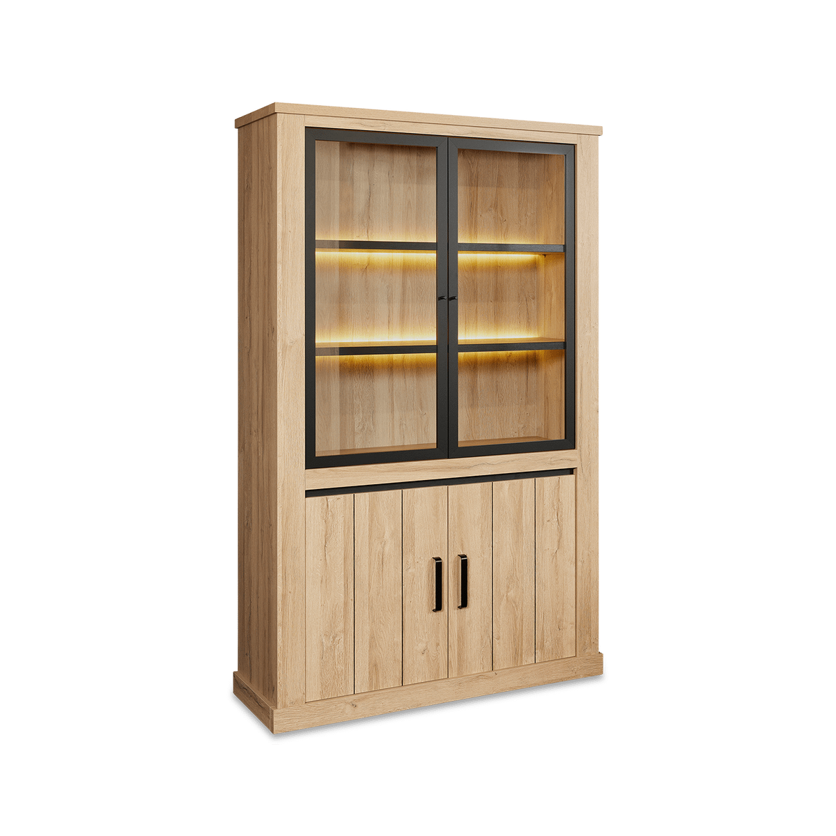 Eetkamer TEODOR: Dressoir + Vitrinekast + Eettafel ABBEY 200x100 + 4x stoelen ALECIO Pearl