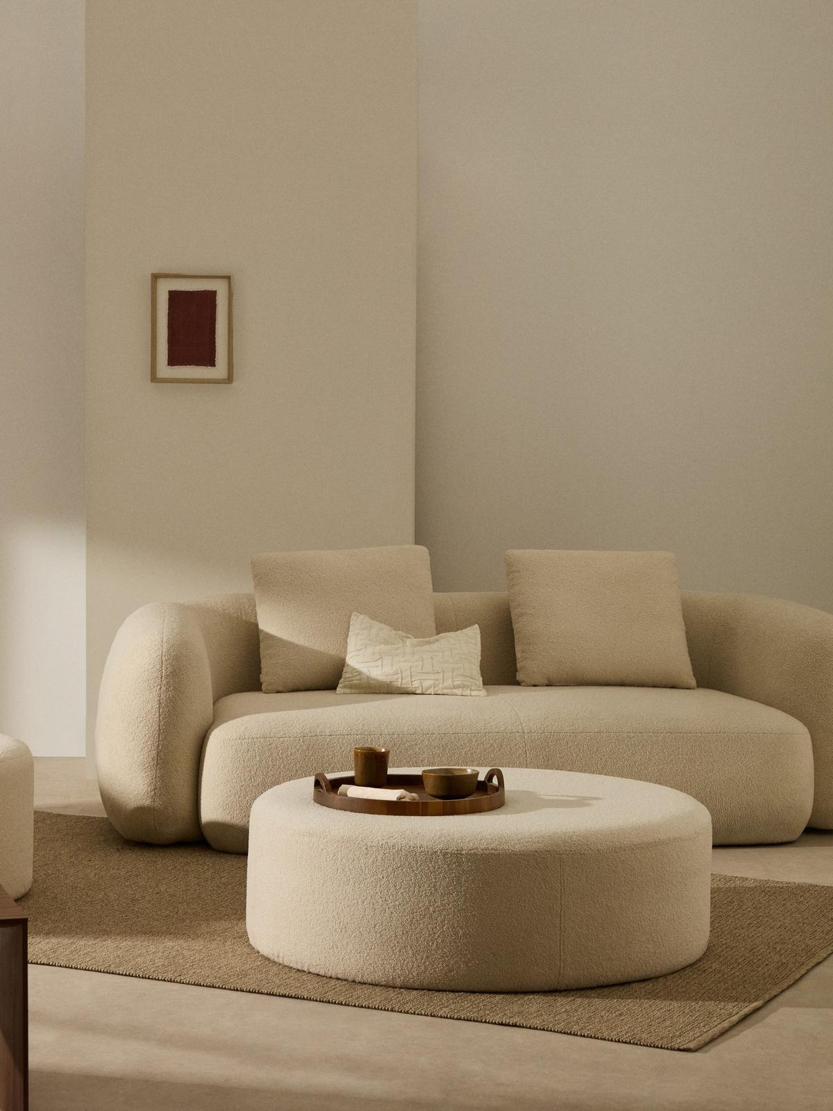 Kaeli voetenbank met afneembare hoes in ecru bouclé ⌀120 cm