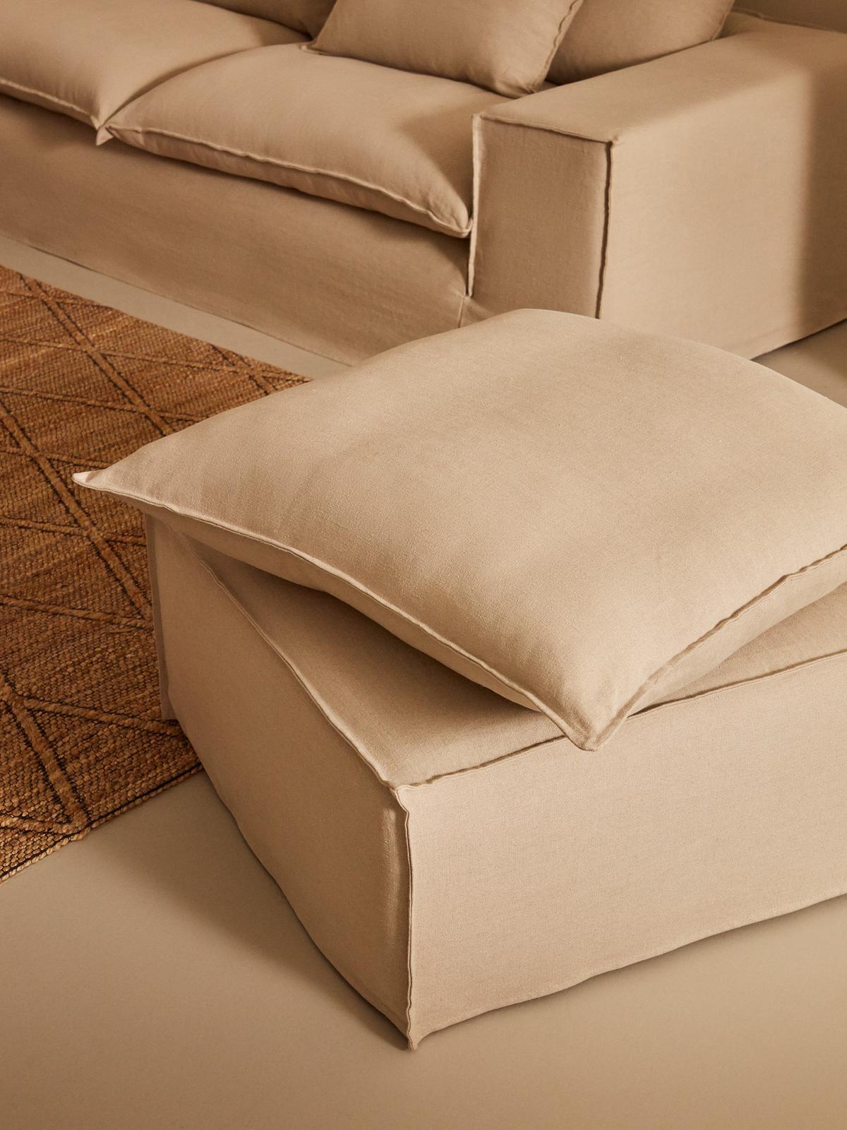 Afneembare Anarela-poef met beige linnen kussen 80 X 80 cm