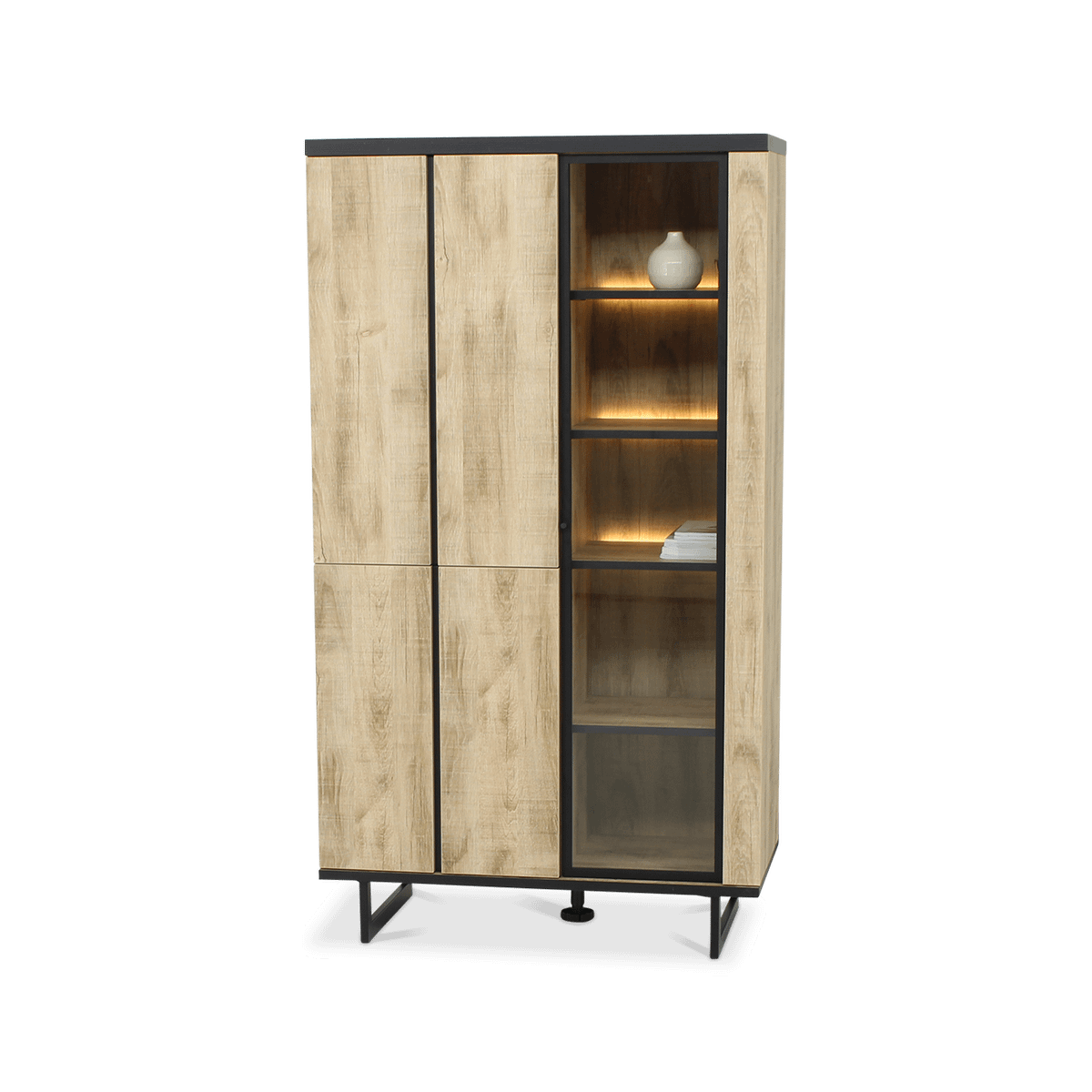Eetkamer VIKTOR: Dressoir + Glaskast + Eettafel ABBEY 200x100 + 4x Stoelen LORRY Zwart