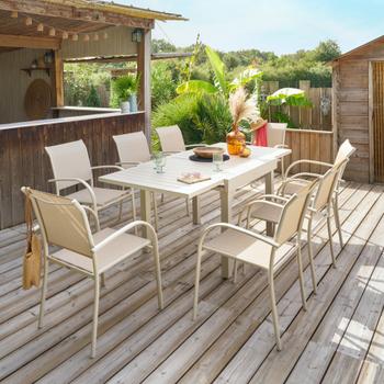 SET: Tuintafel RISERVA Beige 135/270x90 + 8x armstoel RISERVA Beige SET: Tuintafel RISERVA Beige 135/270x90 + 8x armstoel RISERVA Beige