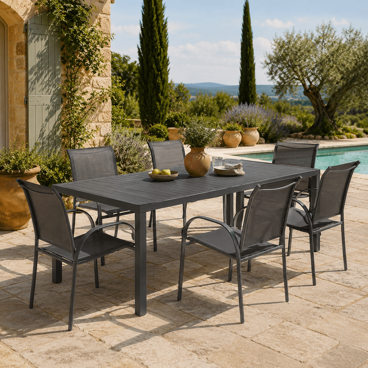 SET: Tuintafel RISERVA Grafiet 210x100 + 6x armstoel RISERVA Grafiet