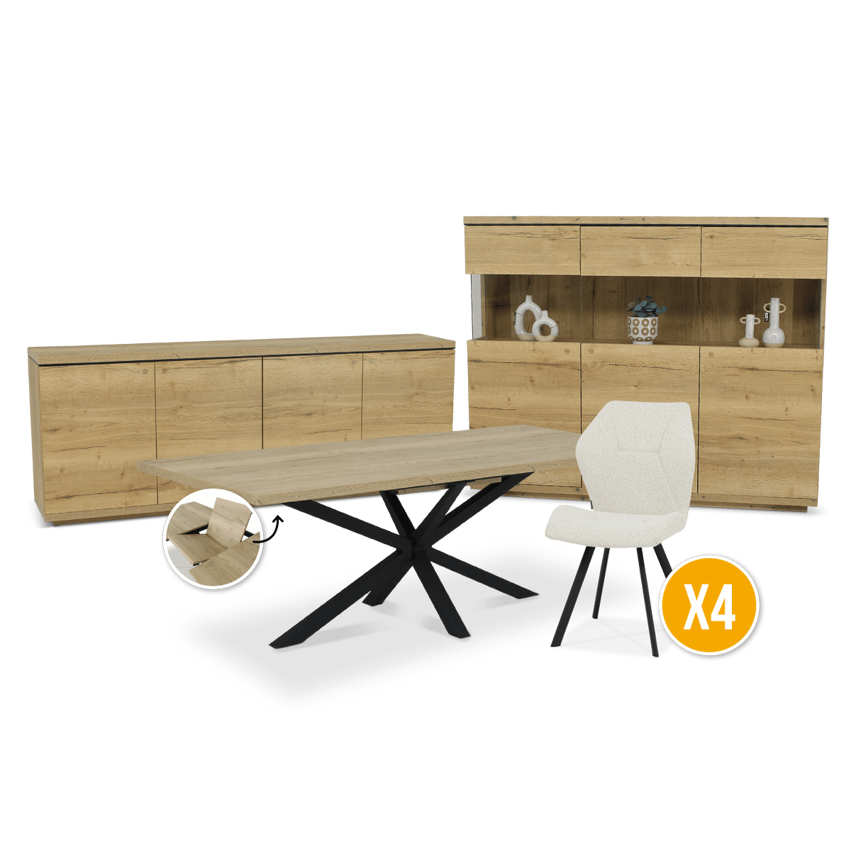 Eetkamer MADONNA: Dressoir MADONNA B240 + Wandkast MADONNA B180 + Eettafel STOZY 220/280x100 + 4x Stoel ALECIO Touch Pearl