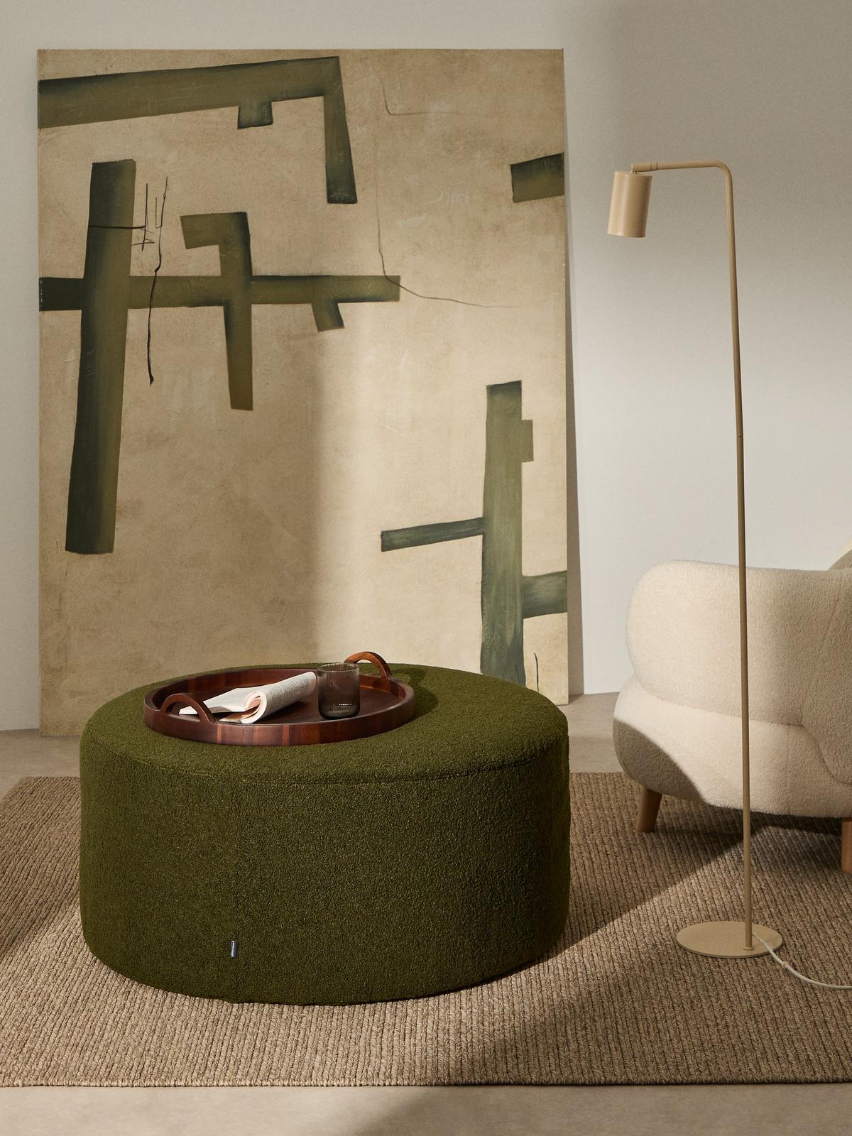 Kaeli voetenbank met afneembare hoes in groen bouclé ⌀90 cm