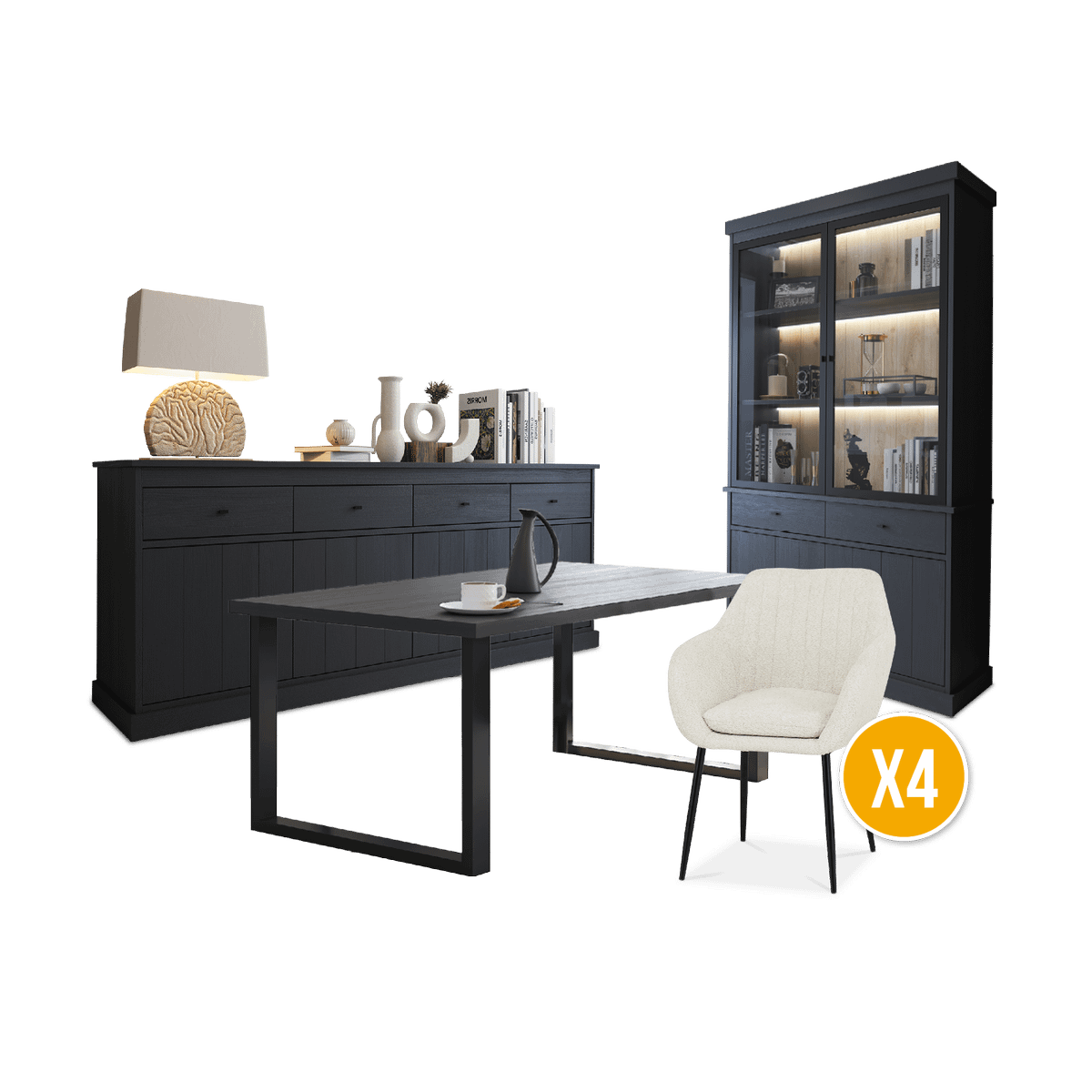 Eetkamer CASTELLO: Dressoir + Vitrinekast + Tafel 210x98 + 4X stoelen BAVO Bouclé