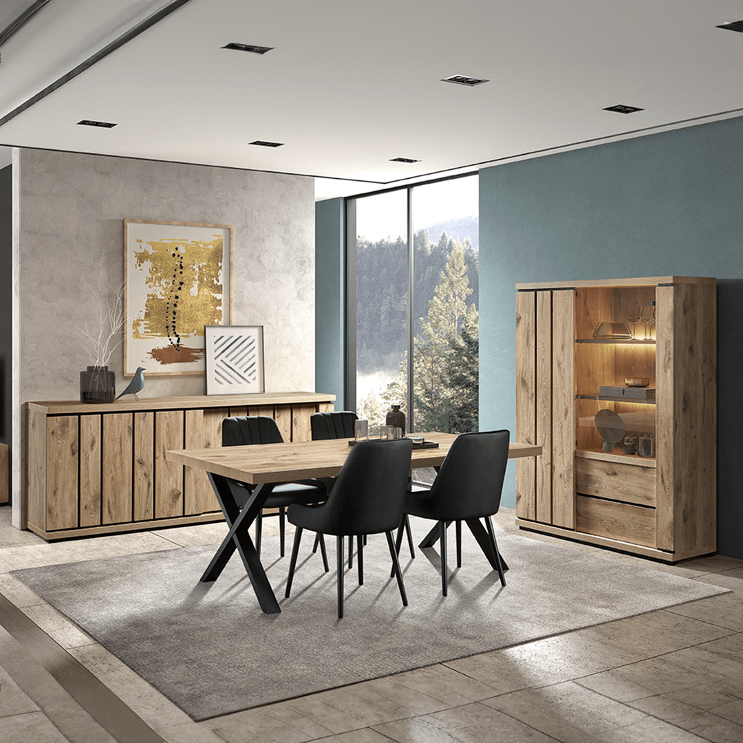 Eetkamer TREVOR: Dressoir + Glaskast + Tafel + 4 Stoelen LISSONI zwart