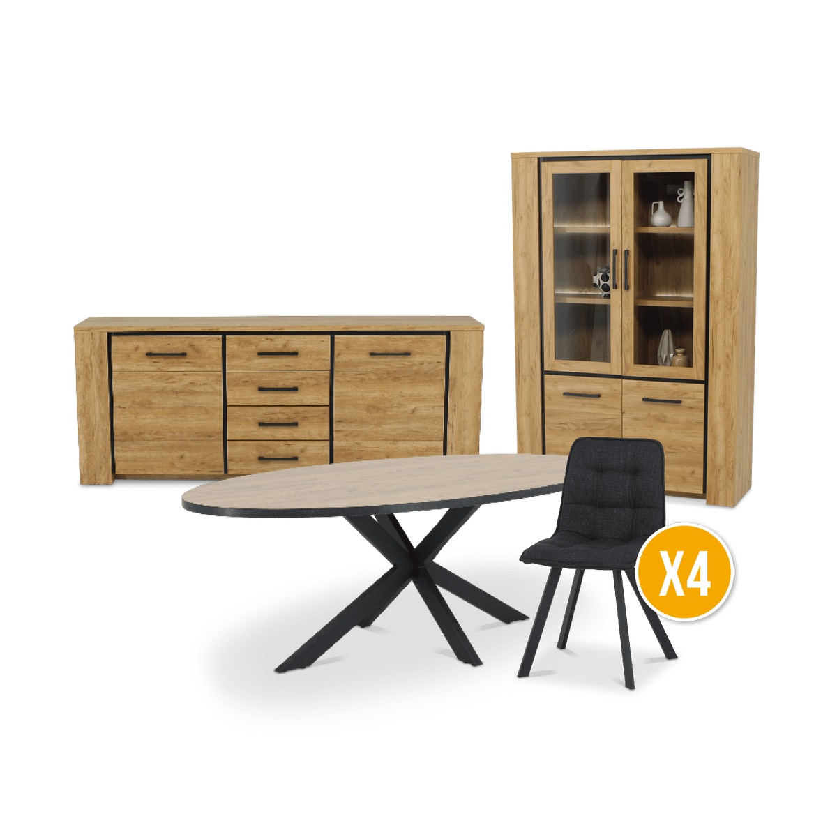 Eetkamer ANTONIO: Dressoir + Glaskast + Tafel 220x110 + 4x ALTEA Antraciet