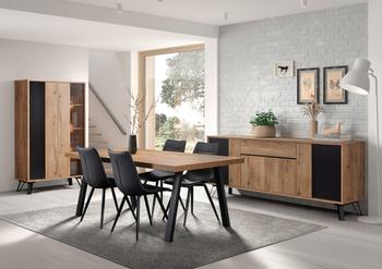 Eetkamer CREW: Dressoir + Glaskast + Tafel 200x100 + 4 stoelen LORRY Zwart Eetkamer CREW: Dressoir + Glaskast + Tafel 200x100 + 4 stoelen LORRY Zwart
