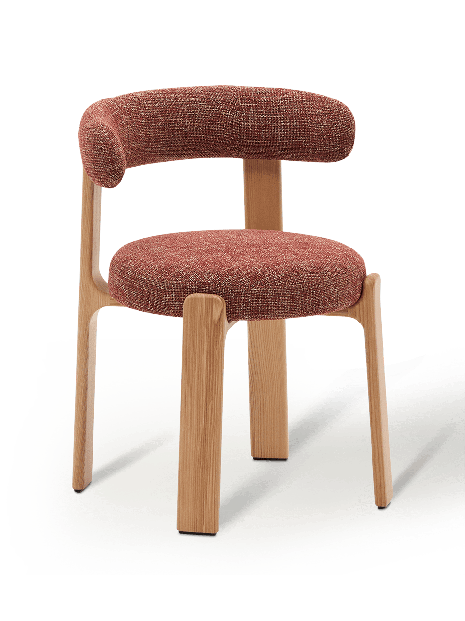 Granite stoel in terracotta chenille en massief essenhout in naturel toon afwerking FSC 100%