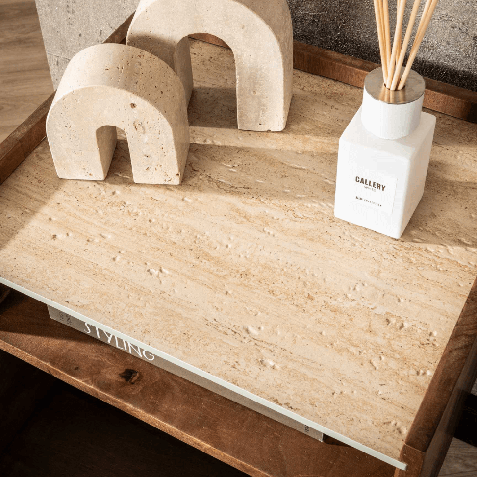 Nachttafel FIDEL Hangend Mango/Travertin Nachttafel FIDEL Hangend Mango/Travertin