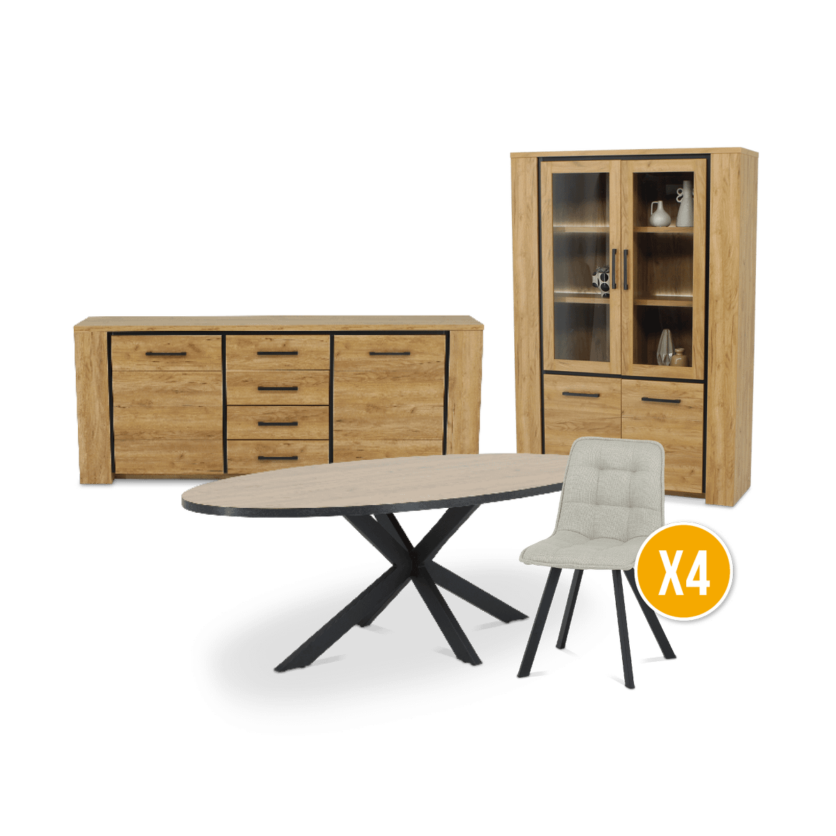 Eetkamer ANTONIO: Dressoir + Glaskast + Tafel 220x110 + 4x ALTEA Beige