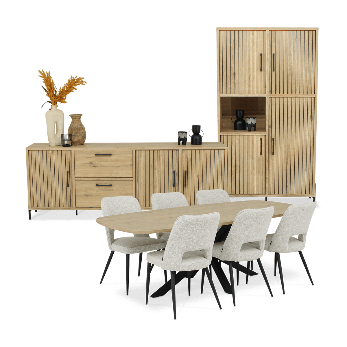 Eetkamer JAKARTA: Dressoir + Barkast + Tafel 225x100 + 4x stoelen ALICIA Touch Pearl