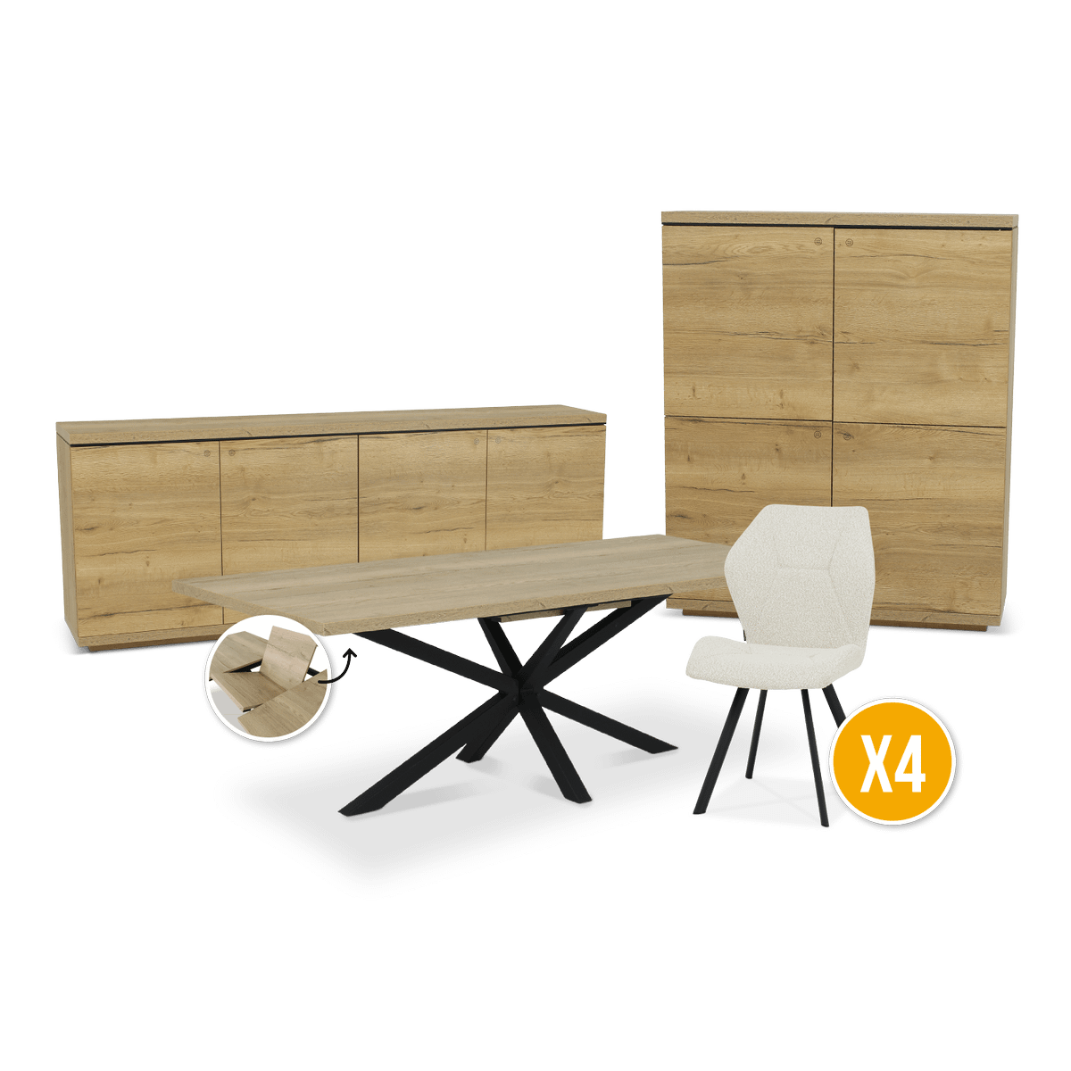 Eetkamer MADONNA: Dressoir MADONNA B240 + Wandkast MADONNA B120 + Eettafel STOZY 220/280x100 + 4x Stoel ALECIO Touch Pearl