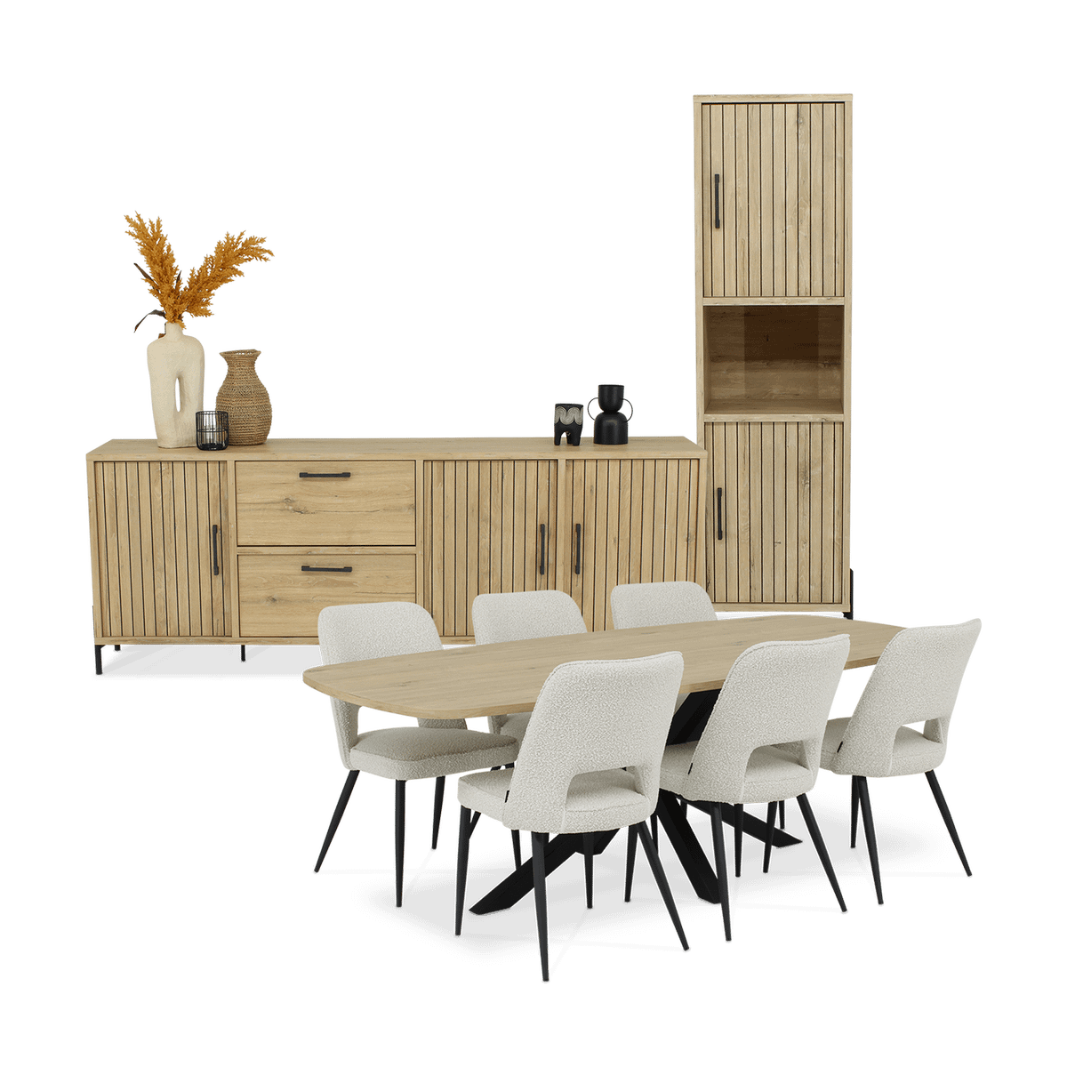 Eetkamer JAKARTA: Dressoir + Barkast smal + Tafel 225x100 + 4x stoelen ALICIA Touch Pearl