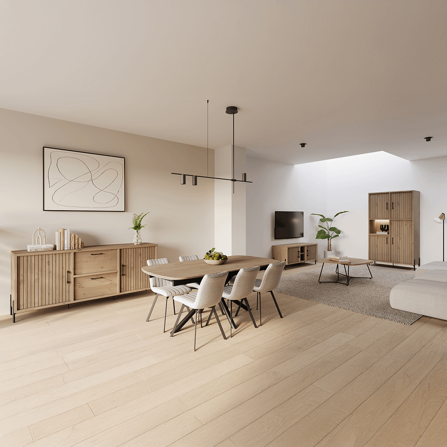 Eetkamer JAKARTA: Dressoir + Barkast + Tafel 225x100 + 4x stoelen ALICIA Touch Pearl Eetkamer JAKARTA: Dressoir + Barkast + Tafel 225x100 + 4x stoelen ALICIA Touch Pearl