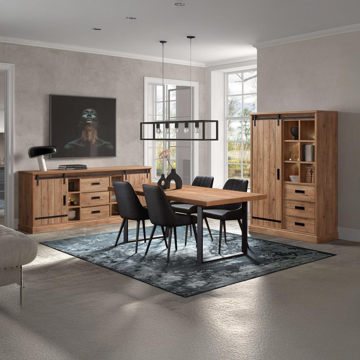 Eetkamer VERDUN: Dressoir + Combikast + Tafel 200x100 + 4 stoelen LISSONI PU Zwart