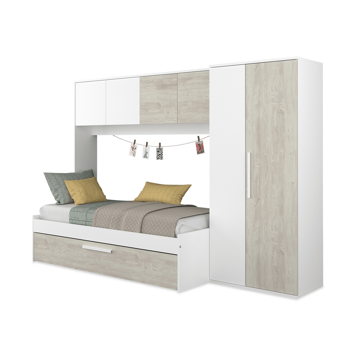 Kinderbed GWEN met bedlade en kastbrug Cascade/White